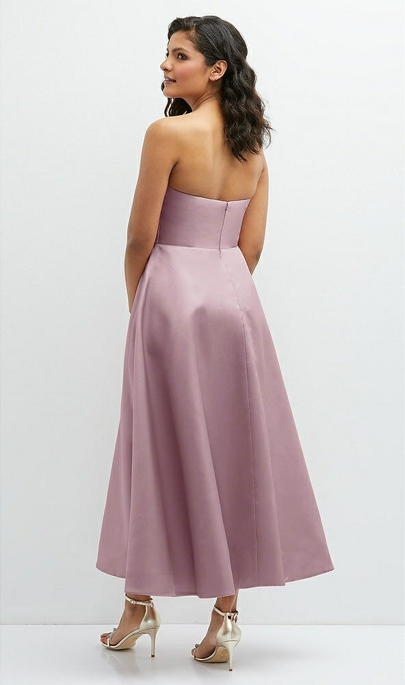 Back View - Dusty Rose Draped Bodice Strapless Satin Midi Dress with Full Circle Skirt