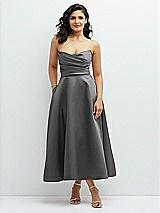 Front View Thumbnail - Gunmetal Draped Bodice Strapless Satin Midi Dress with Full Circle Skirt