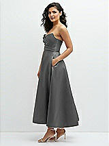 Side View Thumbnail - Gunmetal Draped Bodice Strapless Satin Midi Dress with Full Circle Skirt