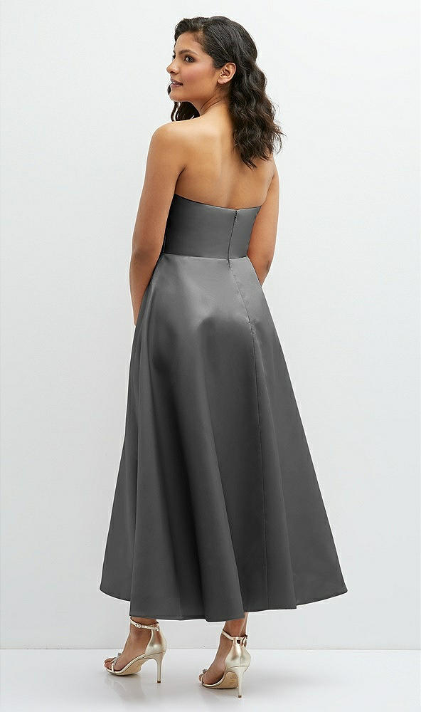 Back View - Gunmetal Draped Bodice Strapless Satin Midi Dress with Full Circle Skirt
