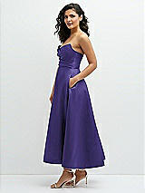 Side View Thumbnail - Grape Draped Bodice Strapless Satin Midi Dress with Full Circle Skirt