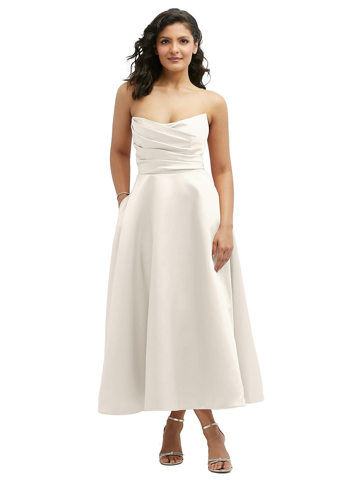 Draped Bodice Strapless Satin Midi Dress with Full Circle Skirt
