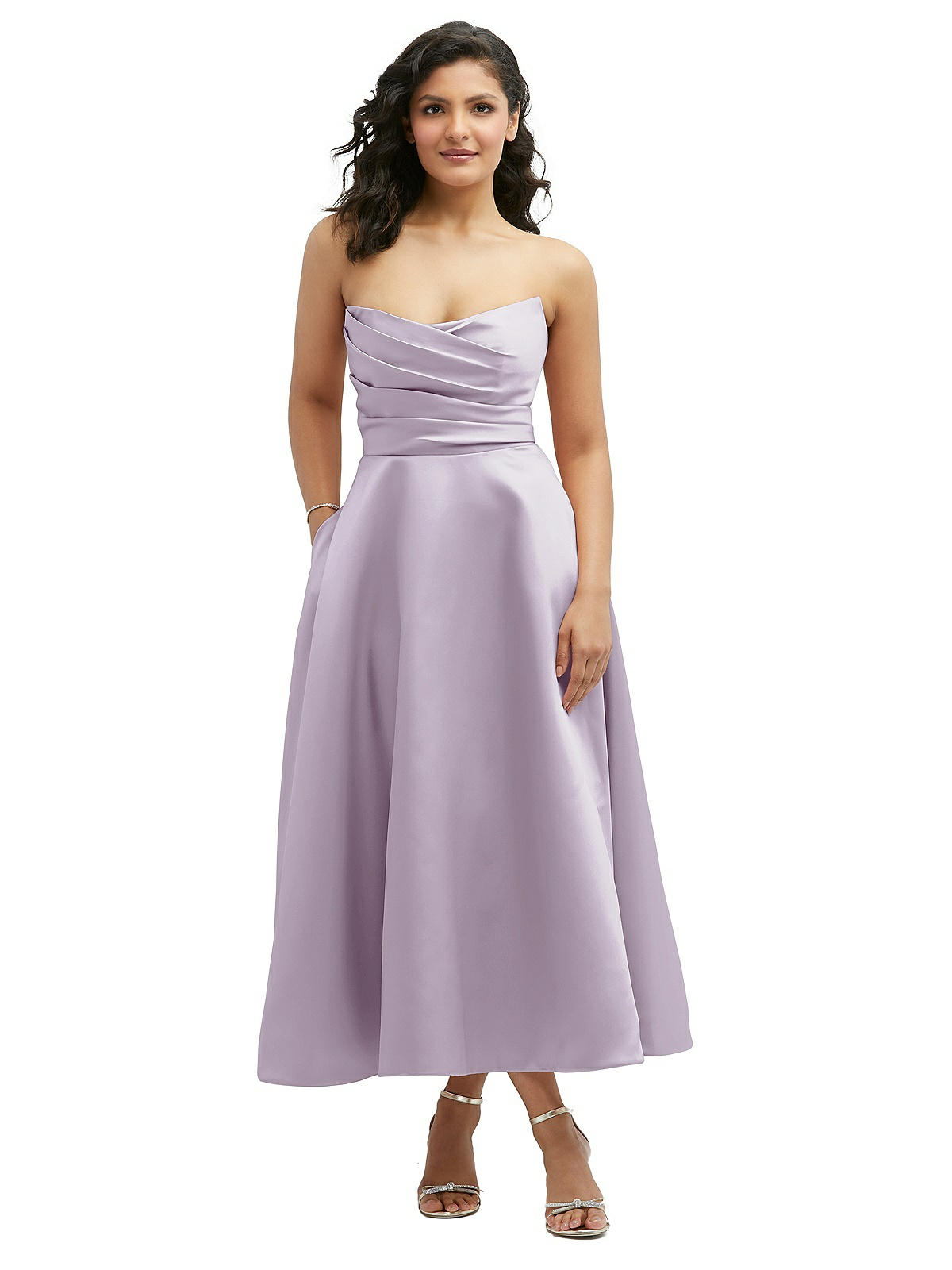 Draped Bodice Strapless Satin Midi Bridesmaid Dress With