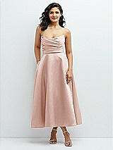 Front View Thumbnail - Toasted Sugar Draped Bodice Strapless Satin Midi Dress with Full Circle Skirt