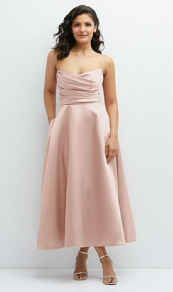 Front View - Toasted Sugar Draped Bodice Strapless Satin Midi Dress with Full Circle Skirt