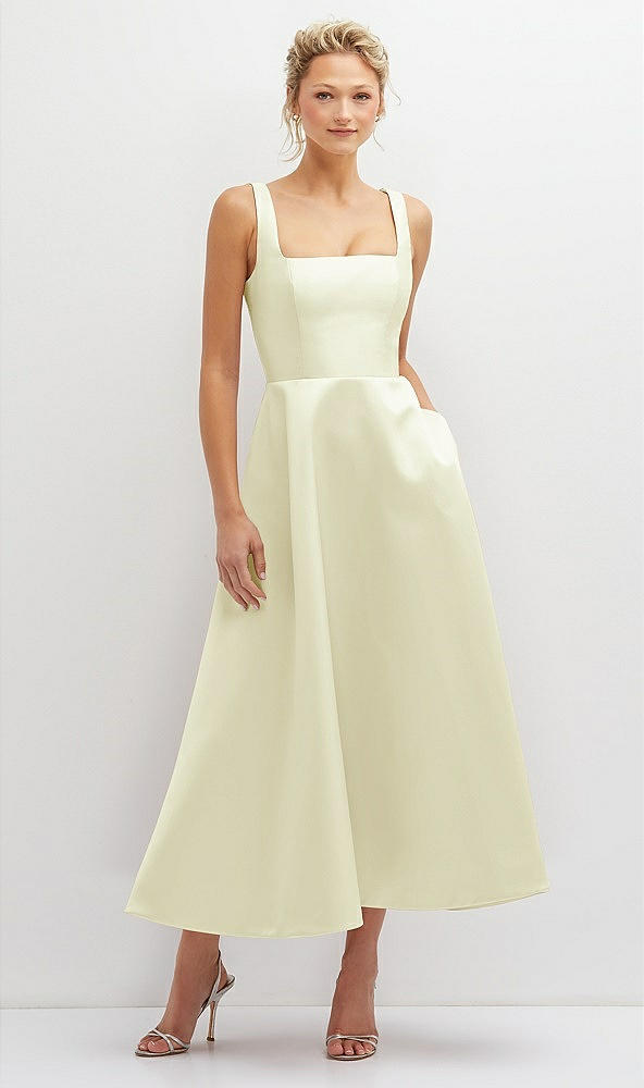 Front View - Butter Yellow Square Neck Satin Midi Dress with Full Skirt & Pockets