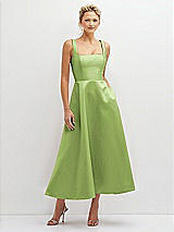 Front View Thumbnail - Mojito Square Neck Satin Midi Dress with Full Skirt & Pockets