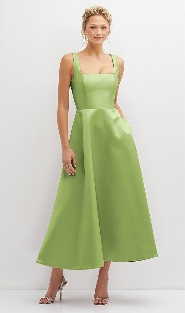 Front View - Mojito Square Neck Satin Midi Dress with Full Skirt & Pockets