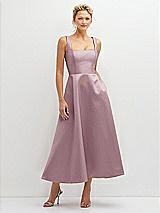 Front View Thumbnail - Dusty Rose Square Neck Satin Midi Dress with Full Skirt & Pockets