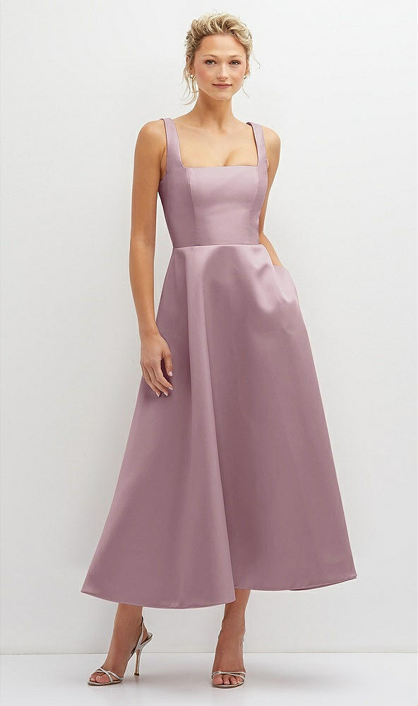 Front View - Dusty Rose Square Neck Satin Midi Dress with Full Skirt & Pockets
