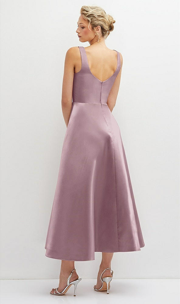 Back View - Dusty Rose Square Neck Satin Midi Dress with Full Skirt & Pockets