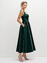 Side View Thumbnail - Evergreen Square Neck Satin Midi Dress with Full Skirt & Pockets