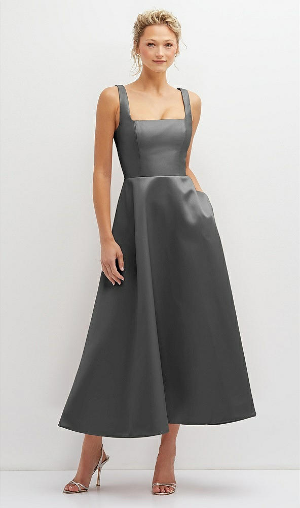 Front View - Gunmetal Square Neck Satin Midi Dress with Full Skirt & Pockets