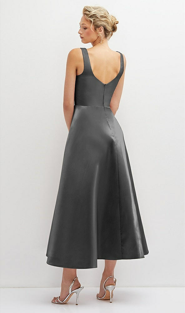 Back View - Gunmetal Square Neck Satin Midi Dress with Full Skirt & Pockets