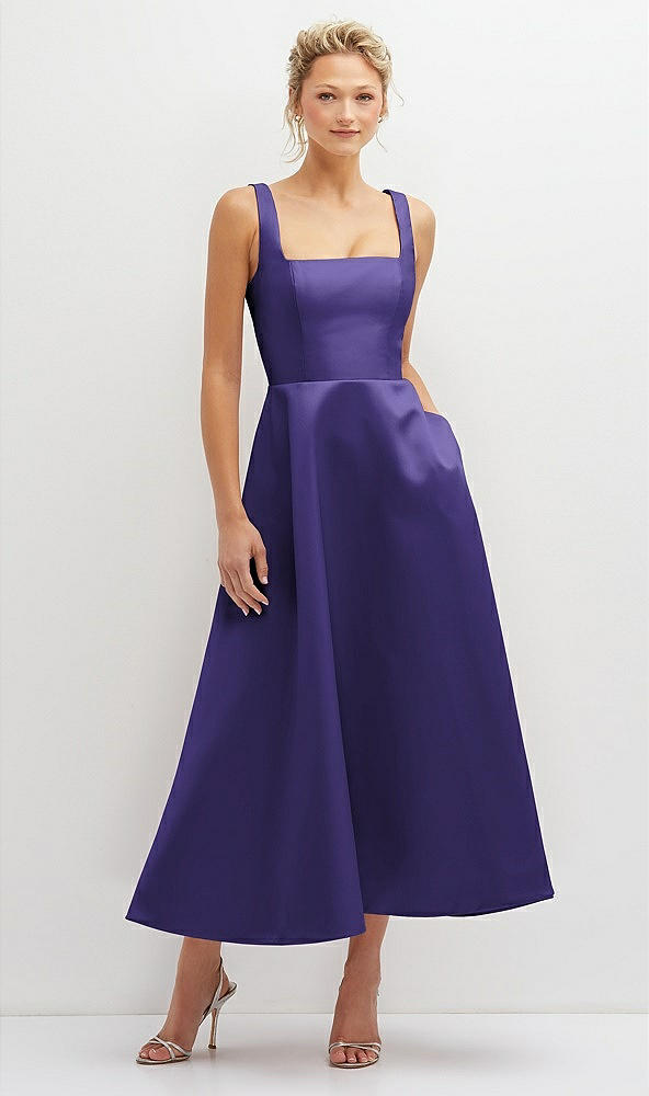 Front View - Grape Square Neck Satin Midi Dress with Full Skirt & Pockets