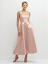 Front View Thumbnail - Toasted Sugar Square Neck Satin Midi Dress with Full Skirt & Pockets
