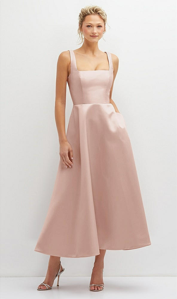 Front View - Toasted Sugar Square Neck Satin Midi Dress with Full Skirt & Pockets