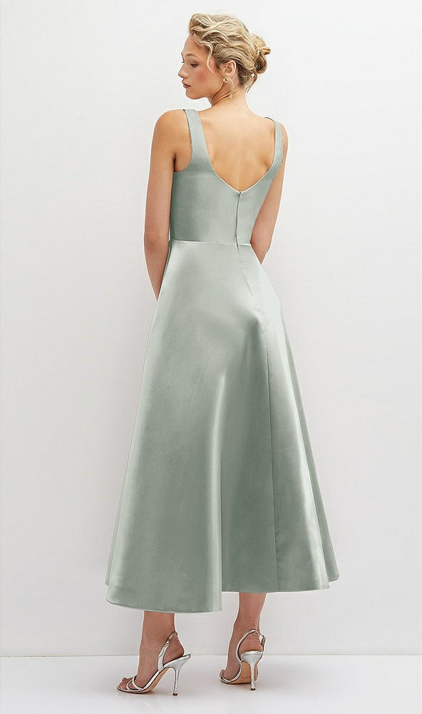 Back View - Willow Green Square Neck Satin Midi Dress with Full Skirt & Pockets