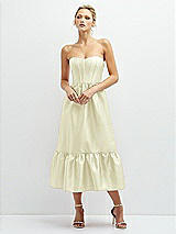 Front View Thumbnail - Butter Yellow Strapless Satin Midi Corset Dress with Lace-Up Back & Ruffle Hem