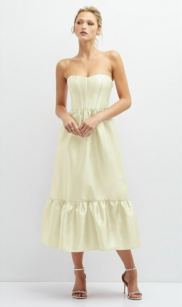 Front View - Butter Yellow Strapless Satin Midi Corset Dress with Lace-Up Back & Ruffle Hem