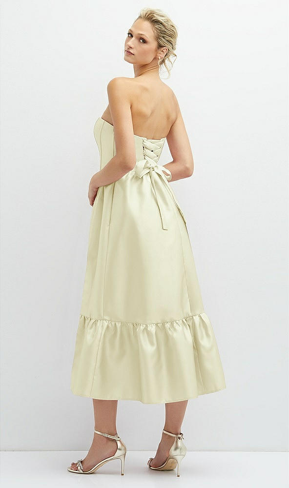 Back View - Butter Yellow Strapless Satin Midi Corset Dress with Lace-Up Back & Ruffle Hem