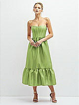 Front View Thumbnail - Mojito Strapless Satin Midi Corset Dress with Lace-Up Back & Ruffle Hem