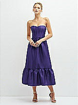 Front View Thumbnail - Grape Strapless Satin Midi Corset Dress with Lace-Up Back & Ruffle Hem