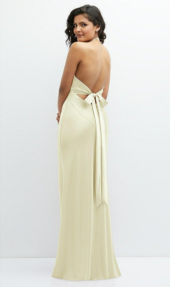 Back View - Butter Yellow Plunge Halter Open-Back Maxi Bias Dress with Low Tie Back