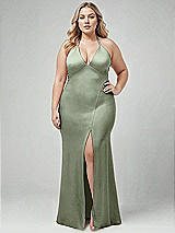 Alt View 1 Thumbnail - Sage Plunge Halter Open-Back Maxi Bias Dress with Low Tie Back
