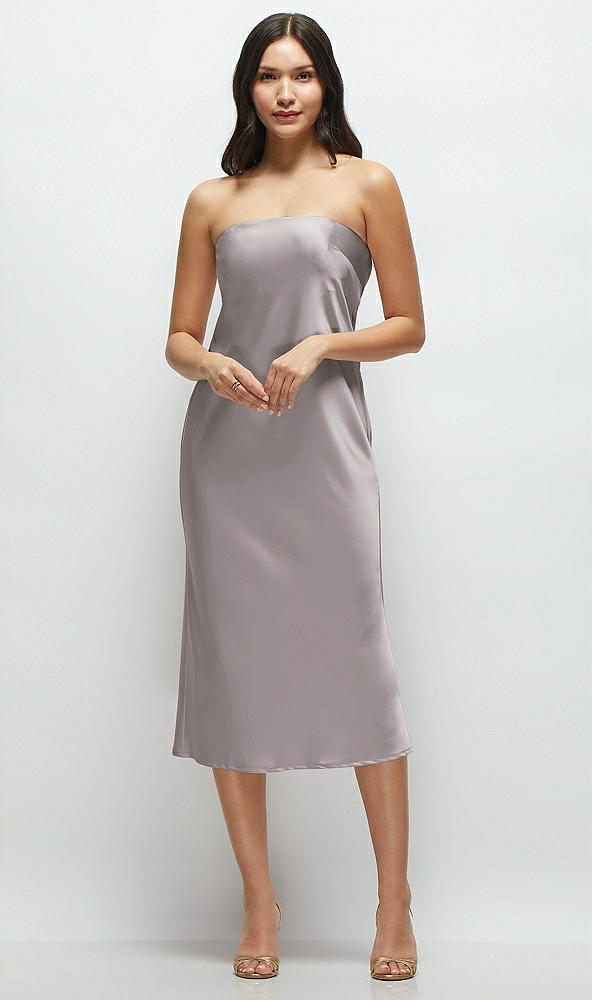 Front View - Cashmere Gray Strapless Midi Bias Column Dress with Peek-a-Boo Corset Back