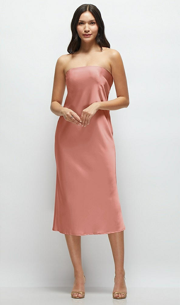 Front View - Desert Rose Strapless Midi Bias Column Dress with Peek-a-Boo Corset Back