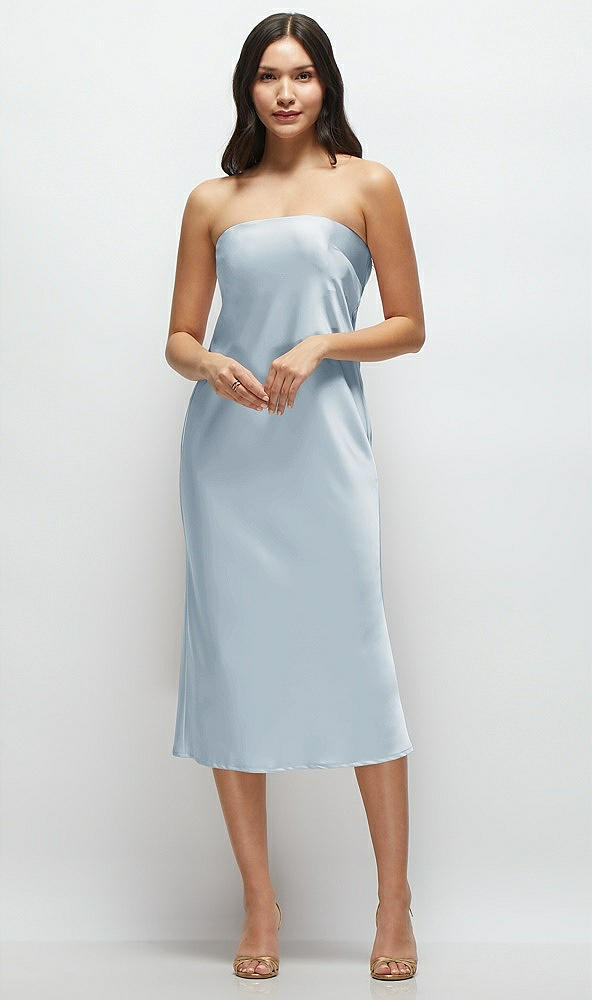 Front View - Mist Strapless Midi Bias Column Dress with Peek-a-Boo Corset Back