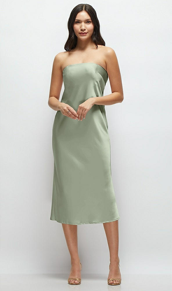 Front View - Sage Strapless Midi Bias Column Dress with Peek-a-Boo Corset Back
