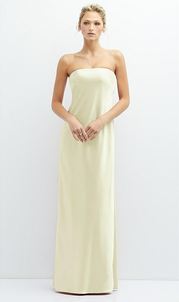 Front View - Butter Yellow Strapless Maxi Bias Column Dress with Peek-a-Boo Corset Back