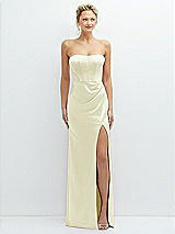 Front View Thumbnail - Butter Yellow Strapless Topstitched Corset Satin Maxi Dress with Draped Column Skirt