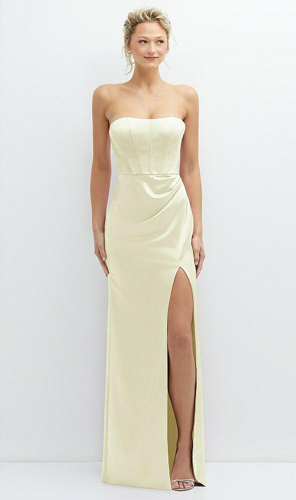 Front View - Butter Yellow Strapless Topstitched Corset Satin Maxi Dress with Draped Column Skirt