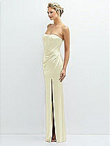 Side View Thumbnail - Butter Yellow Strapless Topstitched Corset Satin Maxi Dress with Draped Column Skirt