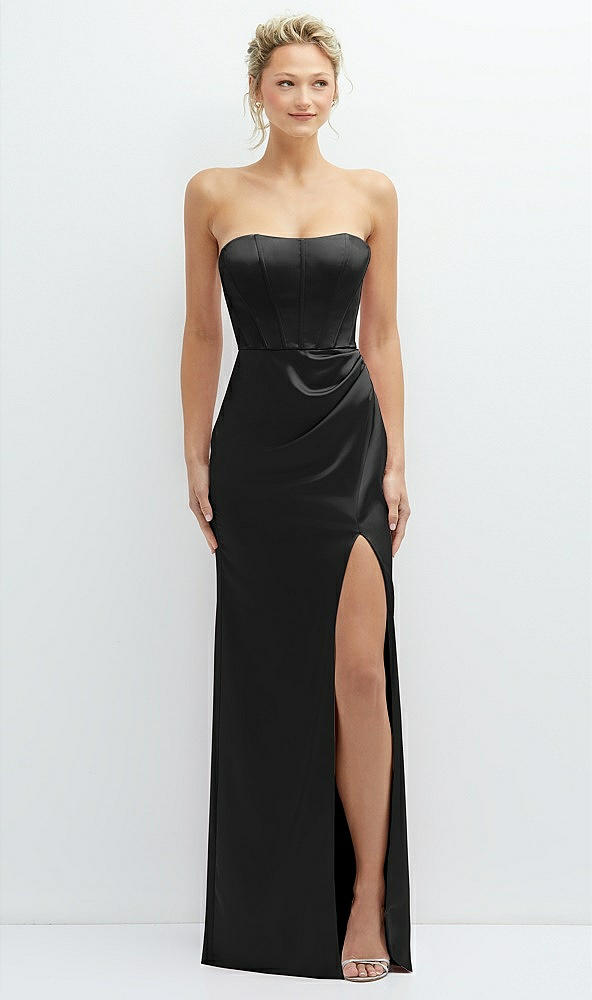 Front View - Black Strapless Topstitched Corset Satin Maxi Dress with Draped Column Skirt