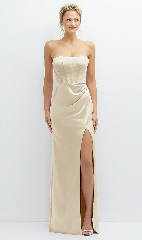 Front View - Champagne Strapless Topstitched Corset Satin Maxi Dress with Draped Column Skirt