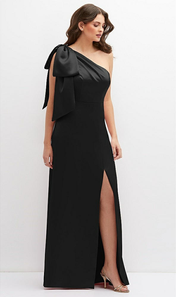 Front View - Black One-Shoulder Satin Maxi Dress with Chic Oversized Shoulder Bow