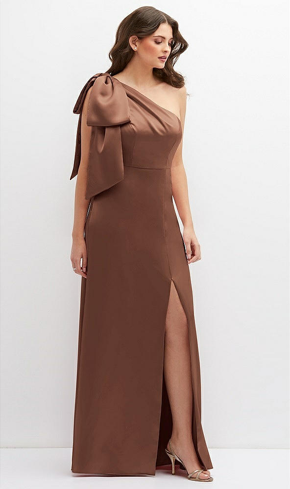 Front View - Cognac One-Shoulder Satin Maxi Dress with Chic Oversized Shoulder Bow