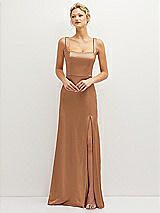 Front View Thumbnail - Toffee Square-Neck Satin A-line Maxi Dress with Front Slit