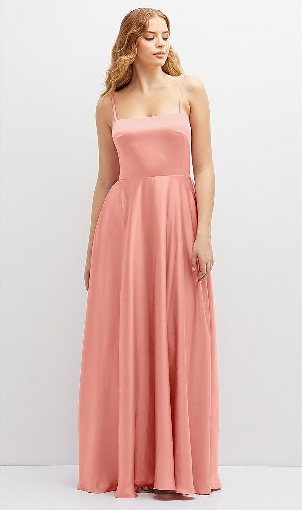 Front View - Rose Adjustable Sash Tie Back Satin Maxi Dress with Full Skirt