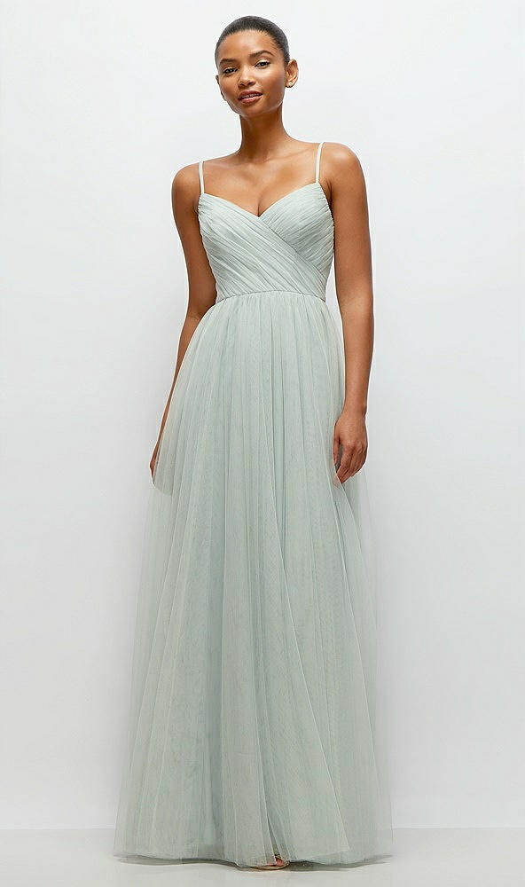 Front View - Willow Green Ruched Wrap Bodice Tulle Maxi Dress with Full Skirt