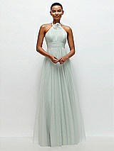 Front View Thumbnail - Willow Green Tie-Back Halter Tulle Maxi Dress with Full Skirt & Rosette Detail