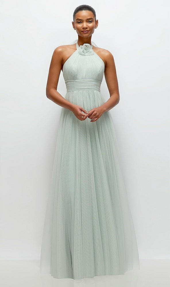 Front View - Willow Green Tie-Back Halter Tulle Maxi Dress with Full Skirt & Rosette Detail