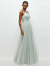 Side View Thumbnail - Willow Green Tie-Back Halter Tulle Maxi Dress with Full Skirt & Rosette Detail