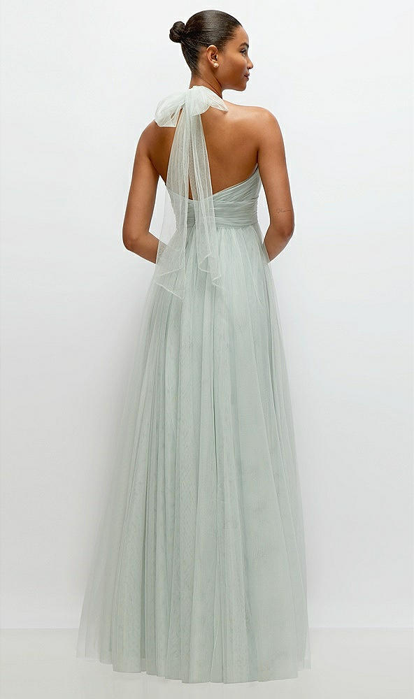 Back View - Willow Green Tie-Back Halter Tulle Maxi Dress with Full Skirt & Rosette Detail