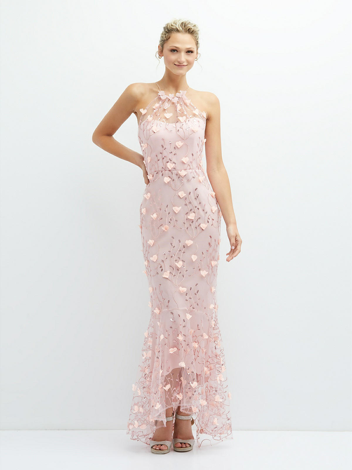 Sheer Halter Neck 3d Floral Embroidered Bridesmaid Dress