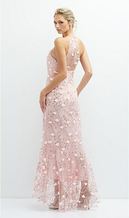 Sheer Halter Neck 3d Floral Embroidered Bridesmaid Dress